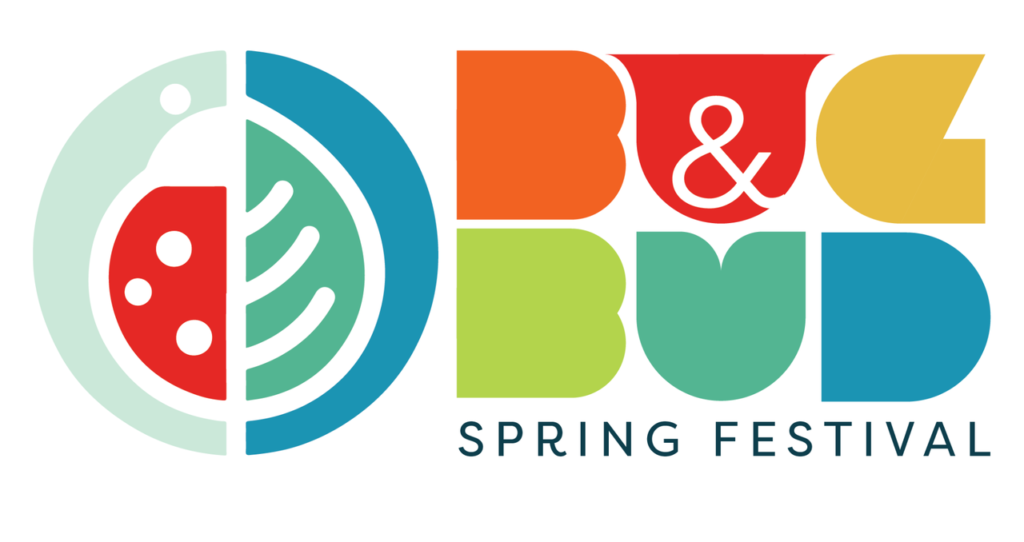Colorful logo for the Bug & Bud Spring Festival, featuring bold, playful lettering and a graphic of a ladybug and leaf.